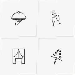 Carnival line icon set with lollipop, tray and curtain