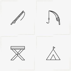 Fishing line icon set with fishing rod, camping tent  and camping table