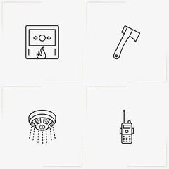 Firefighter line icon set with hatchet, fire alert and portable radio