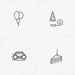 Birthday line icon set with balloons, birthday cake piece and tape player