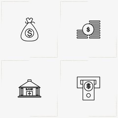 Finance line icon set with coins, bank and money bag