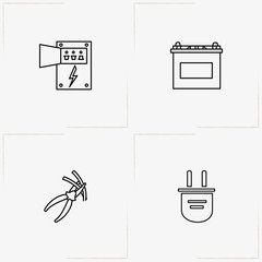 Electrocity line icon set with plug, accumulator and electric shield box