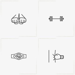 Boxing line icon set with barbell, boxing and punching bag