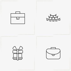 Birthday line icon set with festive garlands, case and present