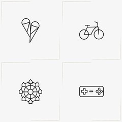 Entertaiment line icon set with game joystick, bicycle and ferris wheel