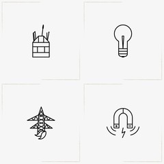 Electrocity line icon set with light bulb, tools box  and electric magnet