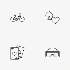Entertaiment line icon set with bicycle, cinema spectacles and game cards