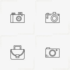 Birthday line icon set with photo camera and case