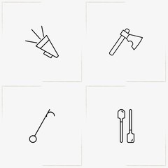 Firefighter line icon set with fireman tool, fire shovel  and loudspeaker
