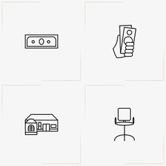 Business line icon set with office chair , building and money