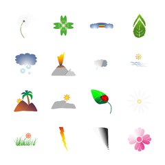 icon Nature with beach , clouds, mountain climbing, daisy and leaf pattern