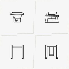 City Park line icon set with tennis court , horizontal bar  and swing