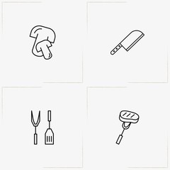 Barbecue line icon set with chef's ax, kitchen spatula and mushrooms