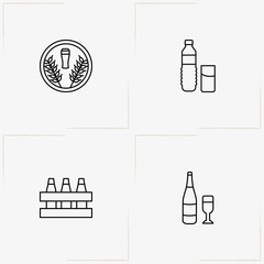 Bar line icon set with beer, beer box and bottle with glass
