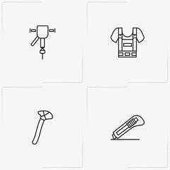 Construction line icon set with construction overalls , cutter and hammer