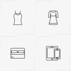 Catalog line icon set with tablet, bed and dress
