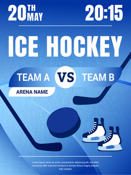 Ice Hockey banner advertising. Vector event announcement. Men's ice Hockey match poster. Teams, arena names. Sport game design. Championship label Illustration. competition flayer.