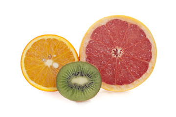 Citrus fruits orange grapefruit lemon and kiwi isolated on white background