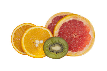 Citrus fruits orange grapefruit lemon and kiwi isolated on white background