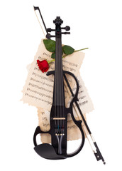 Electric violin, bow and red rose