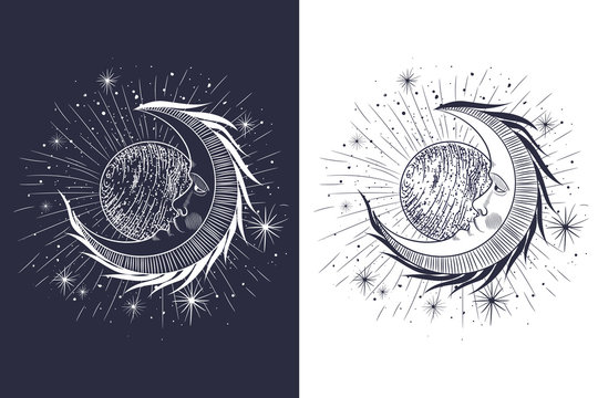 
the face of the moon, the stars, the Masonic tattoo, the design of T-shirts, alchemy, Akultism, medieval religion, retro, spirituality and isoteric tattoo. space and stars. vector graphic