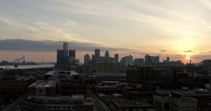 Detroit Cityscape Sunset Medium Shot