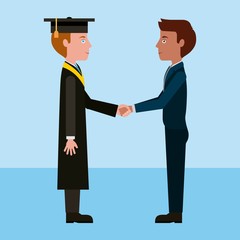 graduate student boy and teacher man handshake vector illustration
