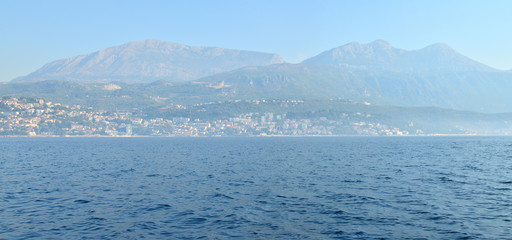 Panoramic view to a coastal town, Herceg-Novi, Montenegro seen from the sea