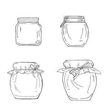 Set of silhouette jars of jam or honey isolated on white background. Doodle ink sketch. Hand drawn vector illustration.