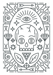 Linear abstract vector illustration with skull and ornaments