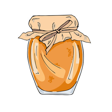 Jar of orange or apricot jam or honet isolated on white background. Doodle ink sketch. Hand drawn vector illustration.
