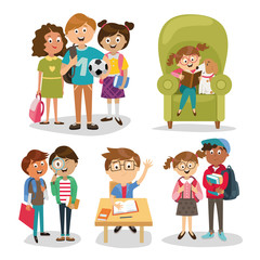 large set of children's characters of people. school pupils, fun jump, vector