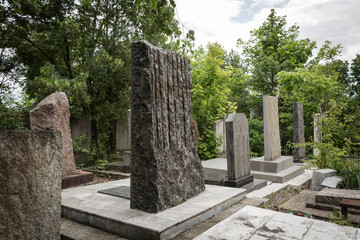 Memorial stone of granite slabs in the Jewish cemetery