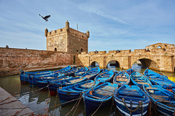 Fort of Essaouira in Morocco on a sunny day with blue boats on the water