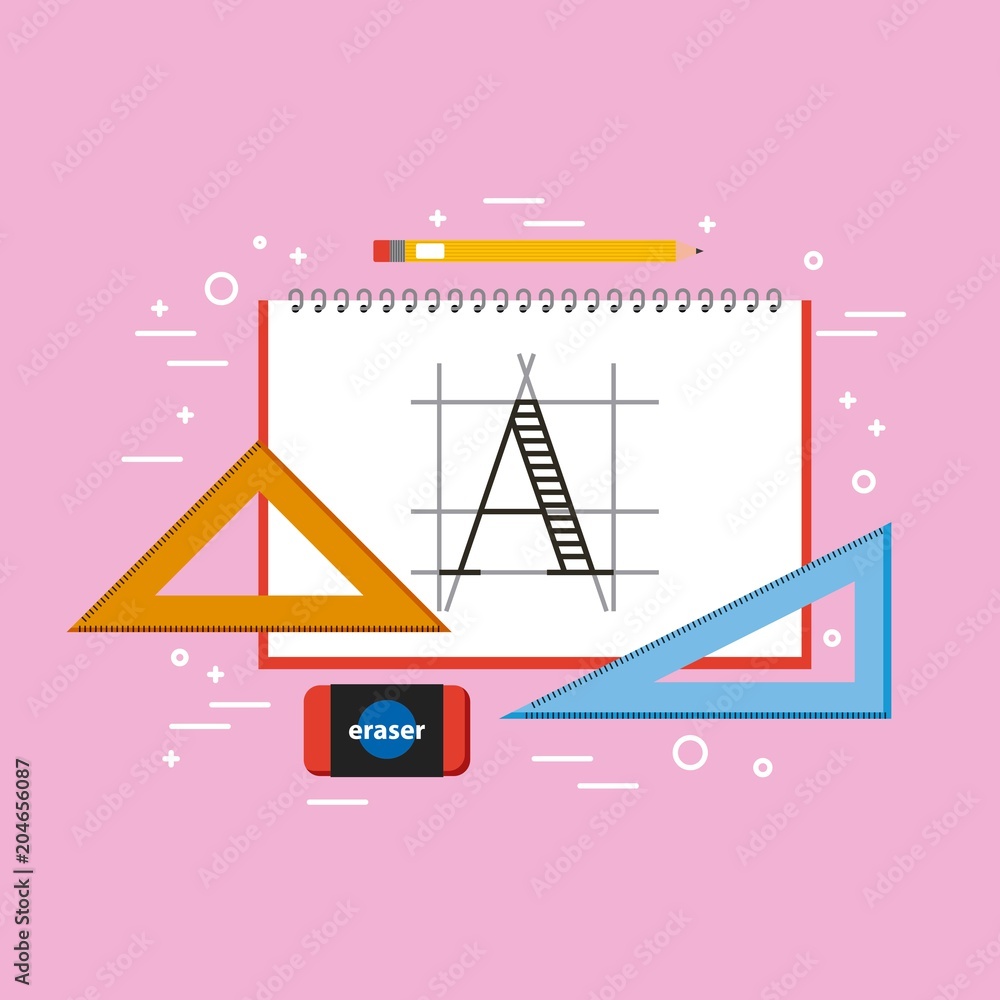 Poster designer notebook triangle ruler eraser and pencil tools vector illustration