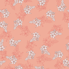 Seamless pattern with white flower bouquets on pink pastel background. Hand drawn vector illustration.