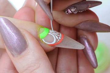 Beautiful floral one-stroke nail art design manicure neon
