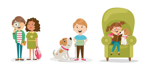 large set of children's characters of people. school pupils, fun jump, vector