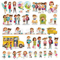 large set of children's characters of people. school pupils, fun jump, vector