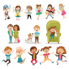 large set of children's characters of people. school pupils, fun jump, vector