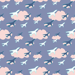 Fototapeta premium Seamless pattern with airplanes on sky background vector illustration