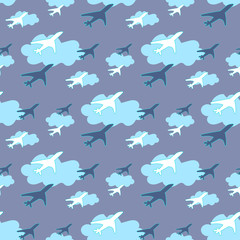 Seamless pattern with airplanes on sky background vector illustration