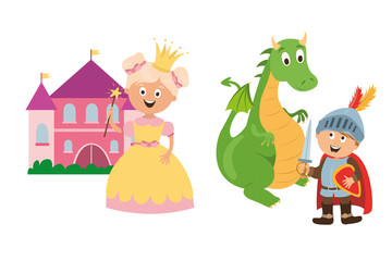 Fototapeta premium children's character. magic princess with crown, castle, brave knight and dragon vector, children read fairy tales. education and training