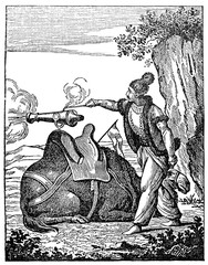 Camel, armed with a cannon, in the Qajar dynasty Persian army (from Das Heller-Magazin, August 2, 1834)