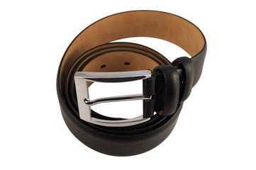 Trouser belt with chrome metal buckle on a white background.