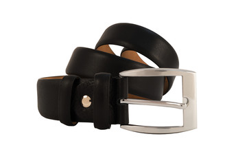 A belt for trousers of dark brown color with a metal buckle, laid on a white background in the form of a twisted tape.
