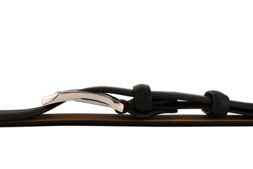 Strap for trousers with a buckle of chrome-plated shiny metal on a white background.