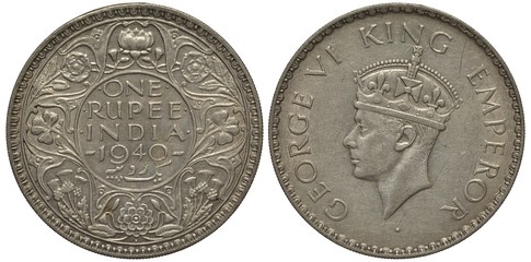British India coin one rupee 1940, floral ornament, denomination at center, King George VI head...