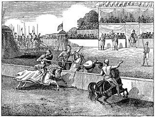 Mounted combat in a medieval tournament (from Das Heller-Magazin, July 26, 1834)