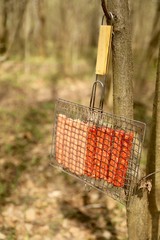 Meat sausages on a lattice.